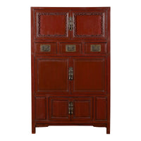Mid-19th Century Chinese Qing Red Lacquer Cabinet with Multiple Carved Doors