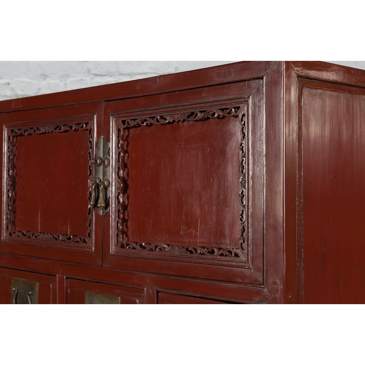 Mid-19th Century Chinese Qing Red Lacquer Cabinet with Multiple Carved Doors-12. Asian &amp; Chinese Furniture, Art, Antiques, Vintage Home Décor for sale at FEA Home