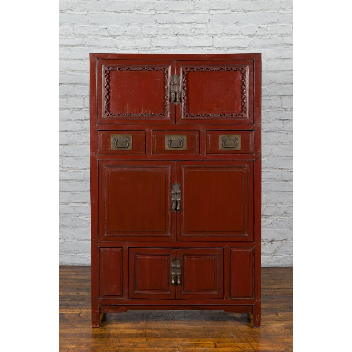 Mid-19th Century Chinese Qing Red Lacquer Cabinet with Multiple Carved Doors-2. Asian & Chinese Furniture, Art, Antiques, Vintage Home Décor for sale at FEA Home