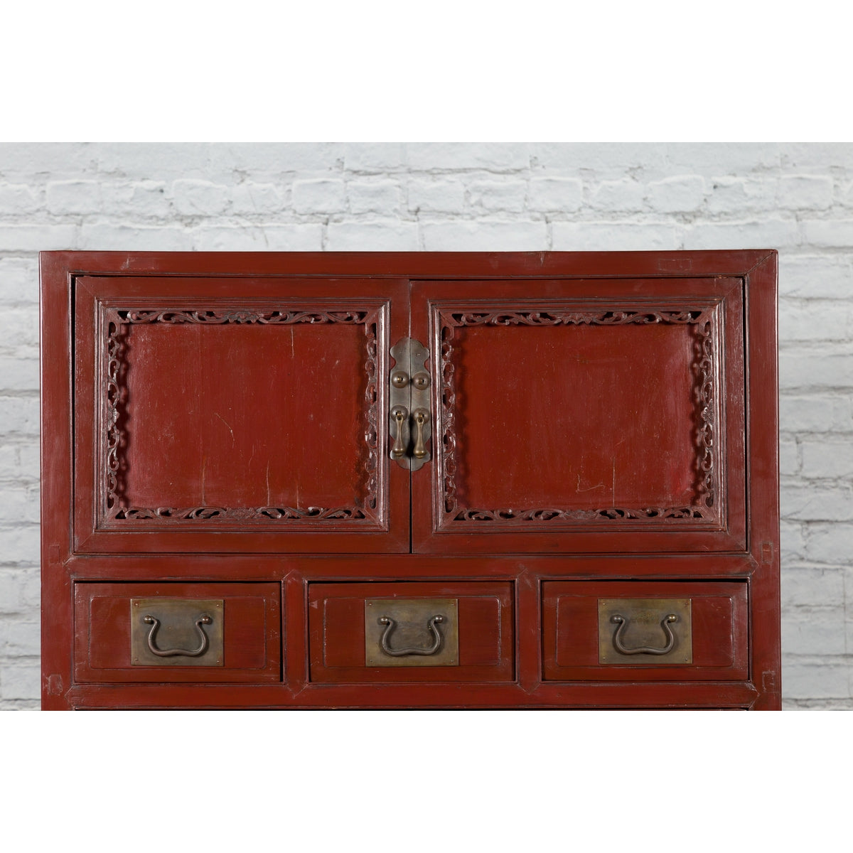 Mid-19th Century Chinese Qing Red Lacquer Cabinet with Multiple Carved Doors-3. Asian &amp; Chinese Furniture, Art, Antiques, Vintage Home Décor for sale at FEA Home