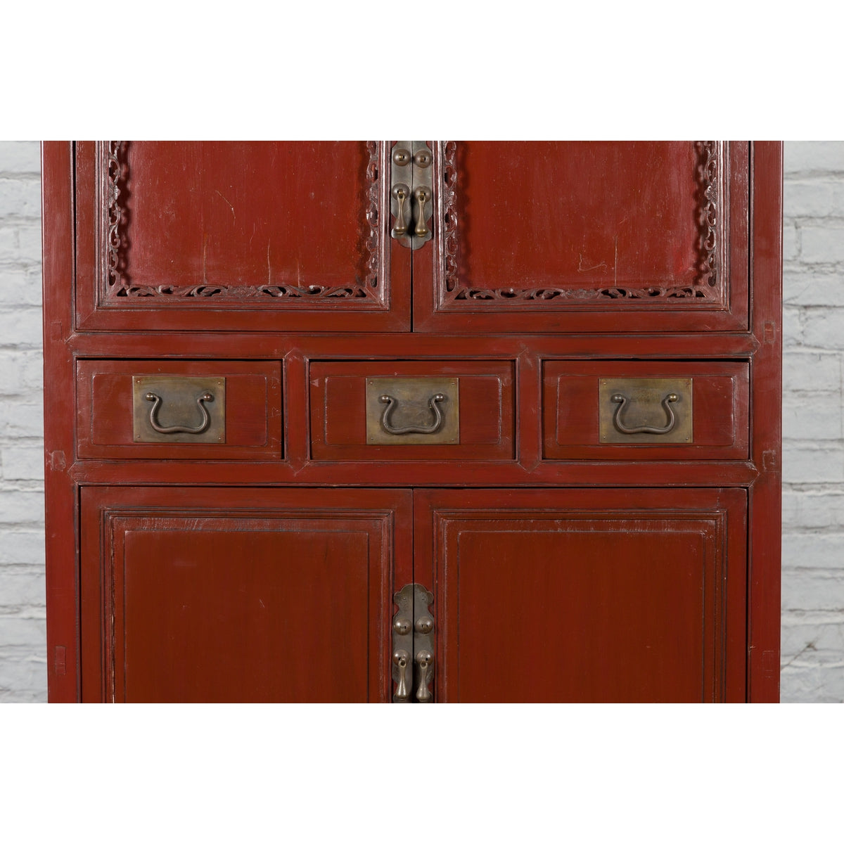 Mid-19th Century Chinese Qing Red Lacquer Cabinet with Multiple Carved Doors-4. Asian &amp; Chinese Furniture, Art, Antiques, Vintage Home Décor for sale at FEA Home