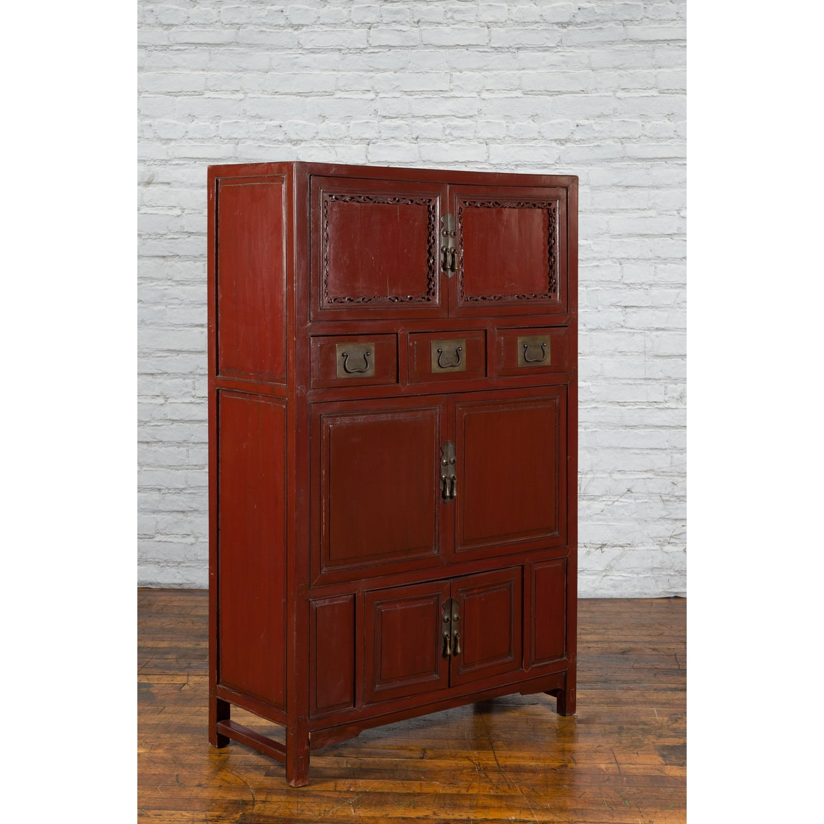 Mid-19th Century Chinese Qing Red Lacquer Cabinet with Multiple Carved Doors-7. Asian &amp; Chinese Furniture, Art, Antiques, Vintage Home Décor for sale at FEA Home