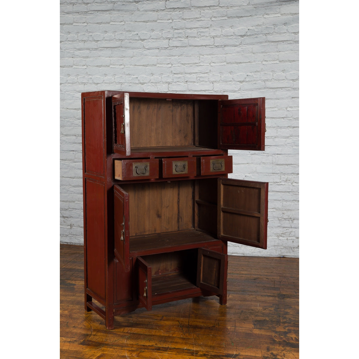 Mid-19th Century Chinese Qing Red Lacquer Cabinet with Multiple Carved Doors-8. Asian &amp; Chinese Furniture, Art, Antiques, Vintage Home Décor for sale at FEA Home