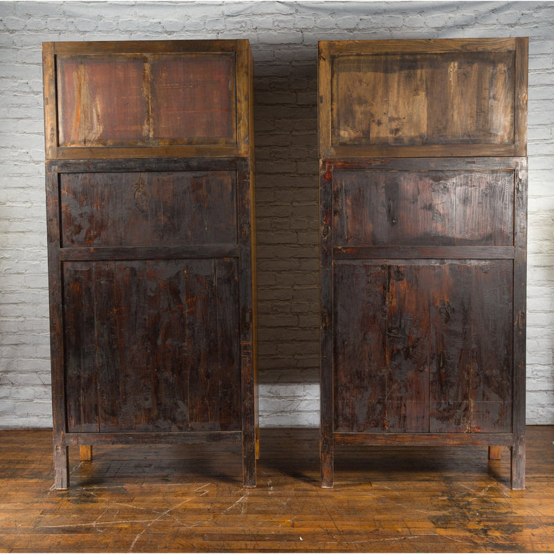 Pair of Chinese Qing Dynasty Period Elm Compound Cabinet with Doors and Drawers - Antique Chinese and Vintage Asian Furniture for Sale at FEA Home
