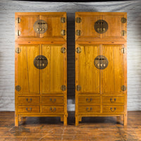 Pair of Chinese Qing Dynasty Period Elm Compound Cabinet with Doors and Drawers