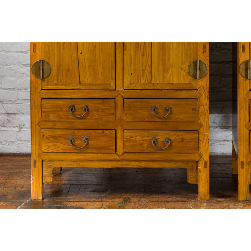 Pair of Chinese Qing Dynasty Period Elm Compound Cabinet with Doors and Drawers - Antique Chinese and Vintage Asian Furniture for Sale at FEA Home