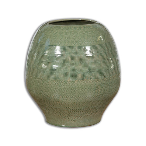 Prem Collection Green Glazed Ceramic Artisan Vase with Geometric Décor - Antique Chinese and Vintage Asian Furniture for Sale at FEA Home