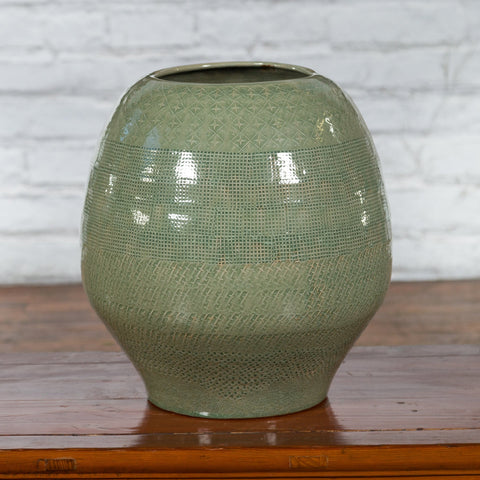 Prem Collection Green Glazed Ceramic Artisan Vase with Geometric Décor - Antique Chinese and Vintage Asian Furniture for Sale at FEA Home