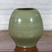 Prem Collection Green Glazed Ceramic Artisan Vase with Geometric Décor
