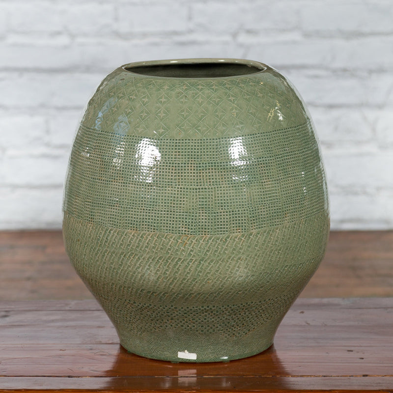 Prem Collection Green Glazed Ceramic Artisan Vase with Geometric Décor - Antique Chinese and Vintage Asian Furniture for Sale at FEA Home