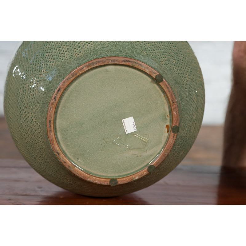 Prem Collection Green Glazed Ceramic Artisan Vase with Geometric Décor - Antique Chinese and Vintage Asian Furniture for Sale at FEA Home