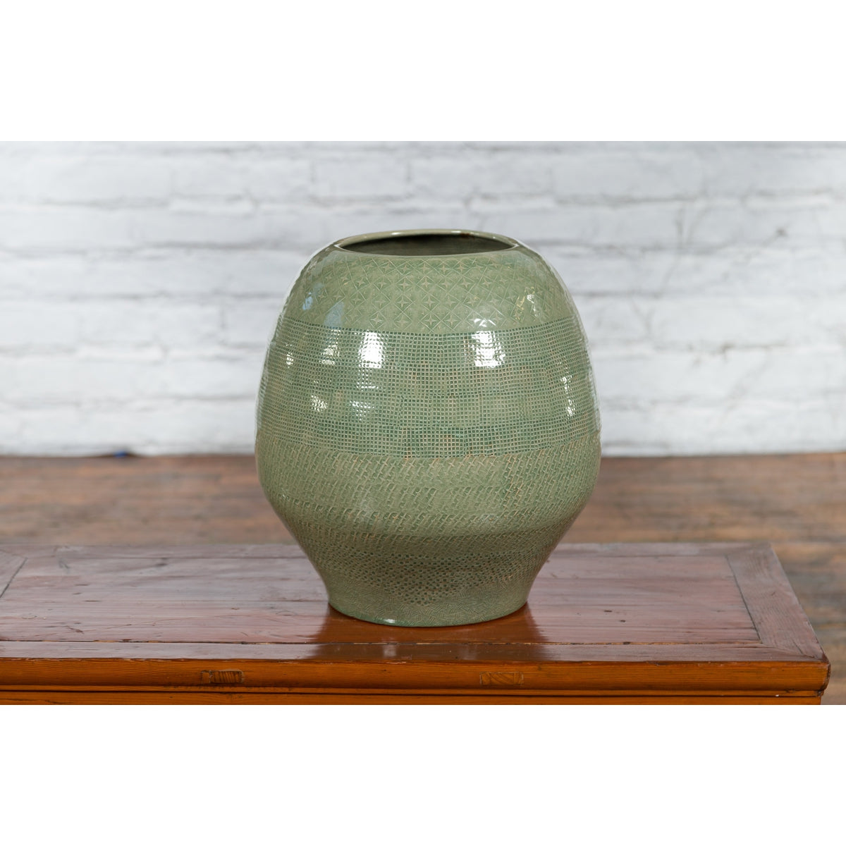 Prem Collection Green Glazed Ceramic Artisan Vase with Geometric Décor-2. Asian & Chinese Furniture, Art, Antiques, Vintage Home Décor for sale at FEA Home
