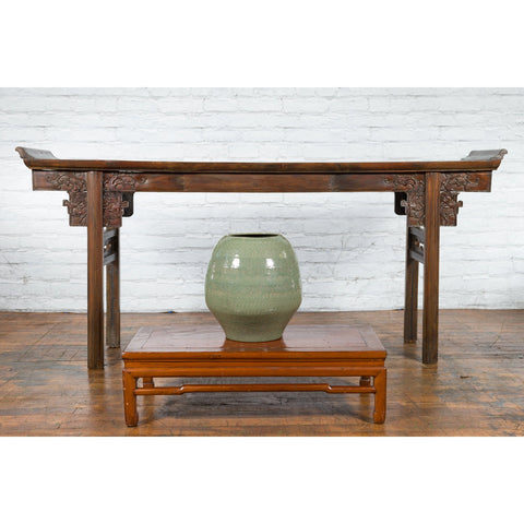 Prem Collection Green Glazed Ceramic Artisan Vase with Geometric Décor - Antique Chinese and Vintage Asian Furniture for Sale at FEA Home