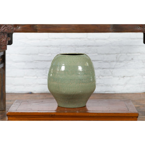 Prem Collection Green Glazed Ceramic Artisan Vase with Geometric Décor - Antique Chinese and Vintage Asian Furniture for Sale at FEA Home