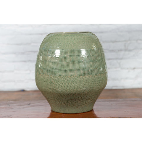 Prem Collection Green Glazed Ceramic Artisan Vase with Geometric Décor - Antique Chinese and Vintage Asian Furniture for Sale at FEA Home