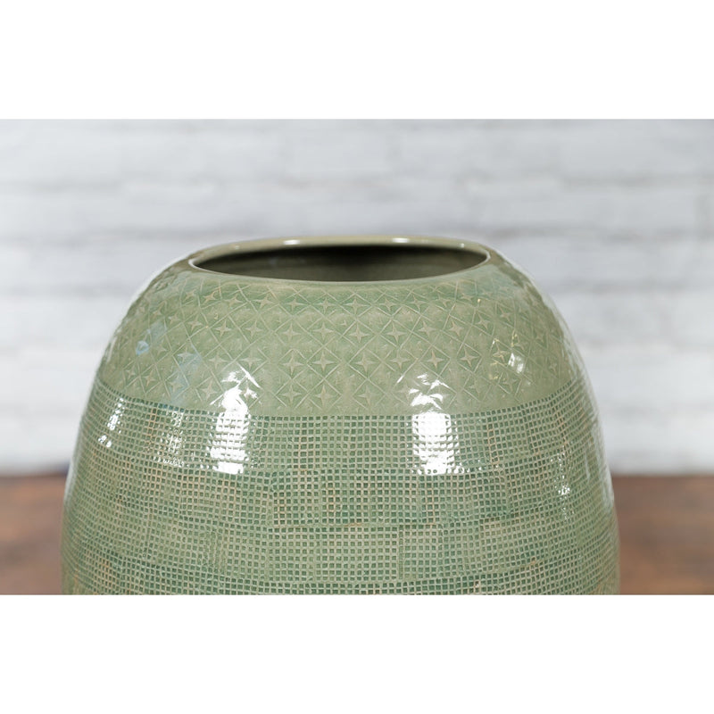 Prem Collection Green Glazed Ceramic Artisan Vase with Geometric Décor - Antique Chinese and Vintage Asian Furniture for Sale at FEA Home