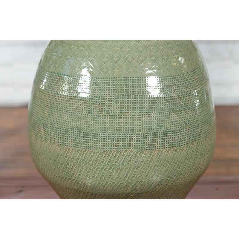 Prem Collection Green Glazed Ceramic Artisan Vase with Geometric Décor - Antique Chinese and Vintage Asian Furniture for Sale at FEA Home