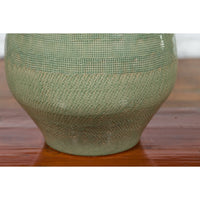 Prem Collection Green Glazed Ceramic Artisan Vase with Geometric Décor