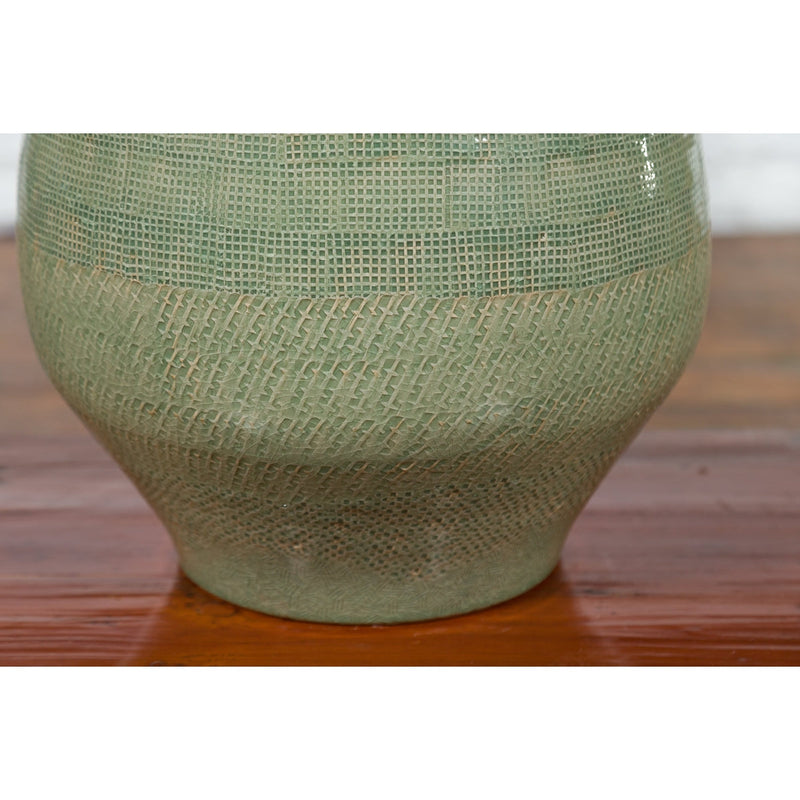 Prem Collection Green Glazed Ceramic Artisan Vase with Geometric Décor - Antique Chinese and Vintage Asian Furniture for Sale at FEA Home