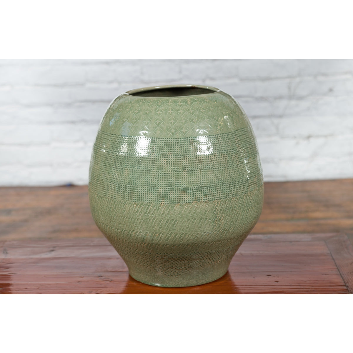 Prem Collection Green Glazed Ceramic Artisan Vase with Geometric Décor-9. Asian &amp; Chinese Furniture, Art, Antiques, Vintage Home Décor for sale at FEA Home