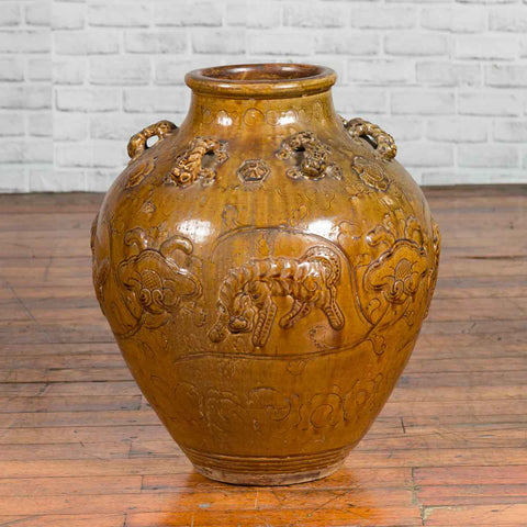 Ming Dynasty Golden Brown Glazed Martaban Water Jar with Tiger Motifs-YN2400-2. Asian & Chinese Furniture, Art, Antiques, Vintage Home Décor for sale at FEA Home