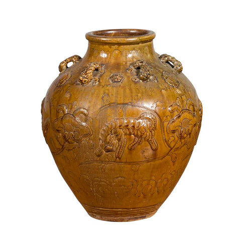 Ming Dynasty Golden Brown Glazed Martaban Water Jar with Tiger Motifs