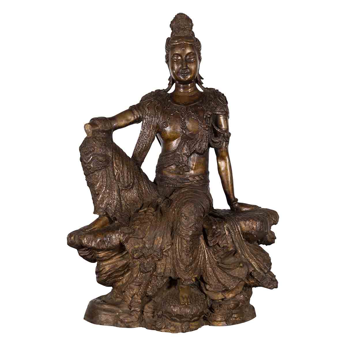 Vintage Bronze Statuette Depicting Quan Yin Seated on a Rocky Formation-1. Asian & Chinese Furniture, Art, Antiques, Vintage Home Décor for sale at FEA Home