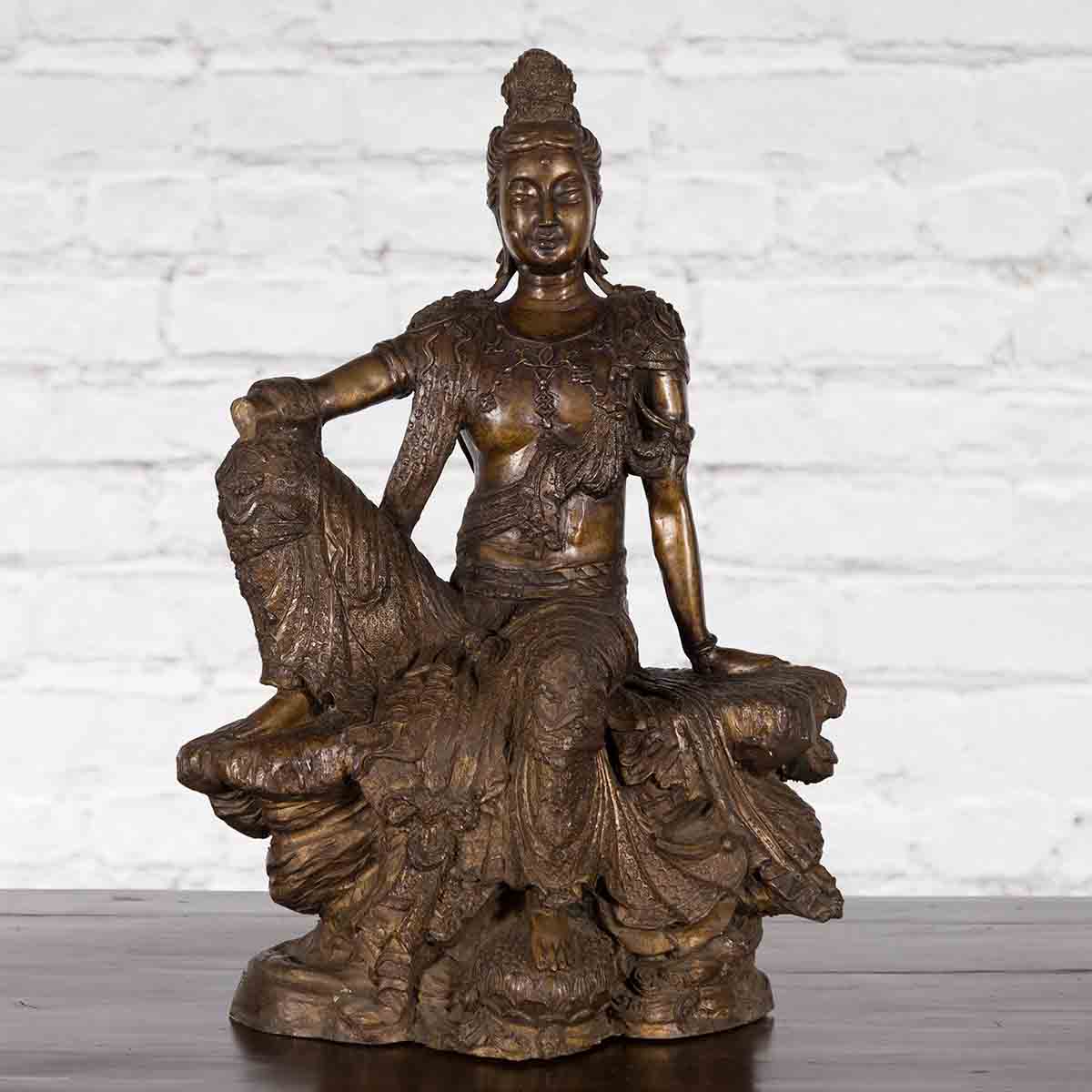 Vintage Bronze Statuette Depicting Quan Yin Seated on a Rocky Formation-2. Asian & Chinese Furniture, Art, Antiques, Vintage Home Décor for sale at FEA Home