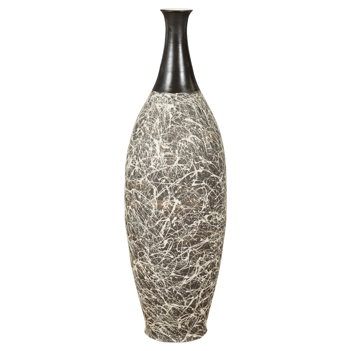 Tall Contemporary Artisan Prem Collection Black Neck Vase White Dripping Décor-1. Asian & Chinese Furniture, Art, Antiques, Vintage Home Décor for sale at FEA Home