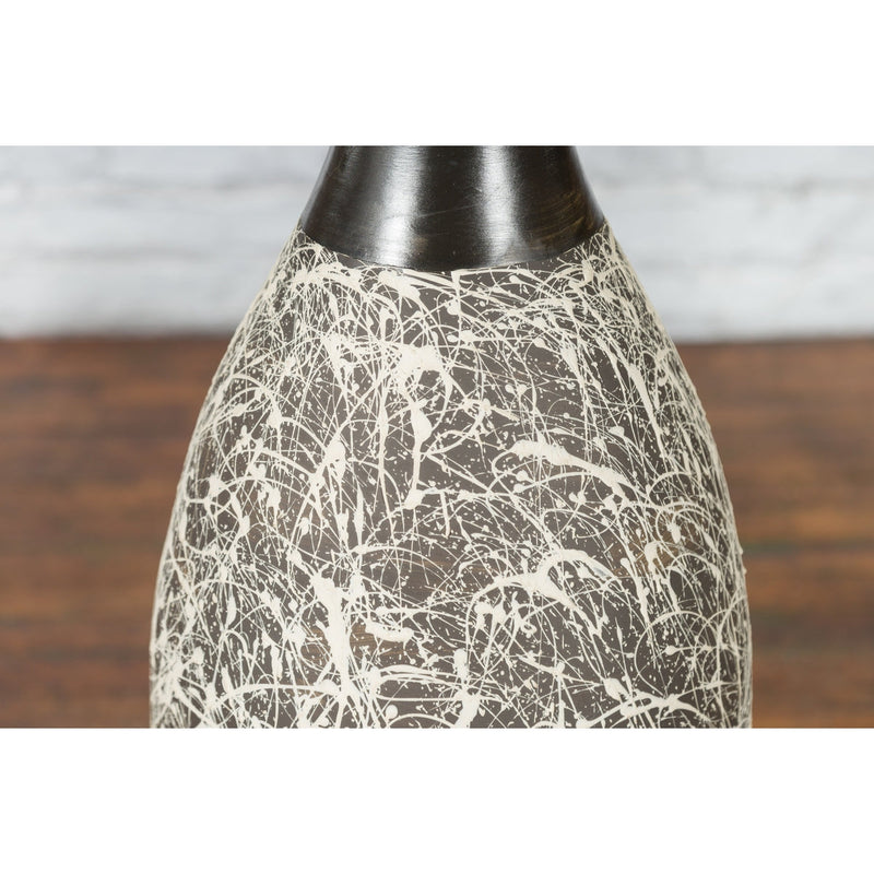 Tall Contemporary Artisan Prem Collection Black Neck Vase White Dripping Décor - Antique Chinese and Vintage Asian Furniture for Sale at FEA Home