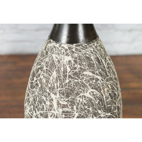 Tall Contemporary Artisan Prem Collection Black Neck Vase White Dripping Décor - Antique Chinese and Vintage Asian Furniture for Sale at FEA Home