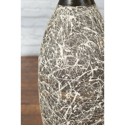 Tall Contemporary Artisan Prem Collection Black Neck Vase White Dripping Décor - Antique Chinese and Vintage Asian Furniture for Sale at FEA Home