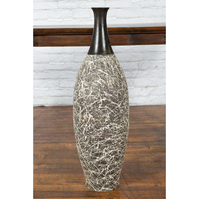 Tall Contemporary Artisan Prem Collection Black Neck Vase White Dripping Décor - Antique Chinese and Vintage Asian Furniture for Sale at FEA Home