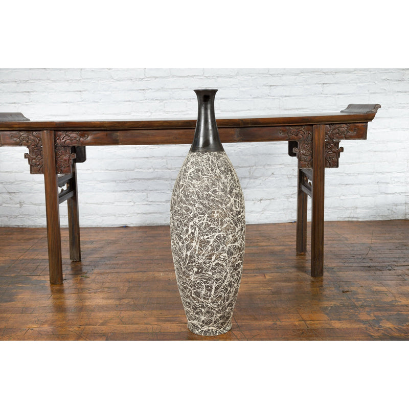 Tall Contemporary Artisan Prem Collection Black Neck Vase White Dripping Décor - Antique Chinese and Vintage Asian Furniture for Sale at FEA Home