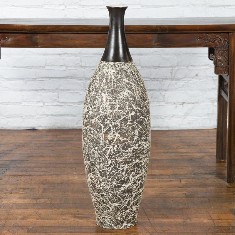 Tall Contemporary Artisan Prem Collection Black Neck Vase White Dripping Décor - Antique Chinese and Vintage Asian Furniture for Sale at FEA Home