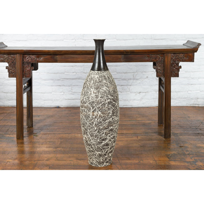 Tall Contemporary Artisan Prem Collection Black Neck Vase White Dripping Décor - Antique Chinese and Vintage Asian Furniture for Sale at FEA Home