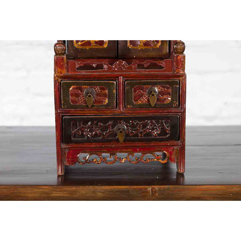 Qing Dynasty 19th Century Red and Brown Lacquer Jewelry Box with Carved Foliage-YN2482-5. Asian & Chinese Furniture, Art, Antiques, Vintage Home Décor for sale at FEA Home