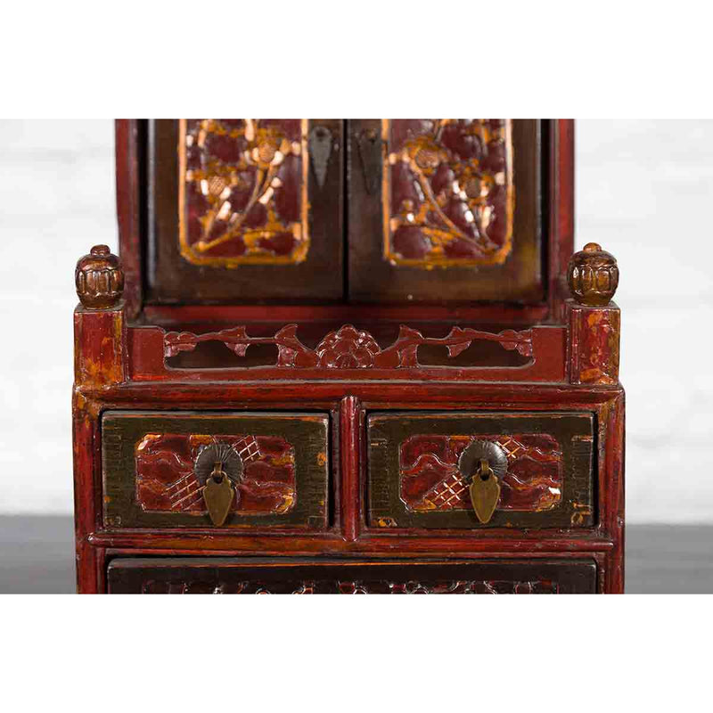 Qing Dynasty 19th Century Red and Brown Lacquer Jewelry Box with Carved Foliage-YN2482-6. Asian & Chinese Furniture, Art, Antiques, Vintage Home Décor for sale at FEA Home