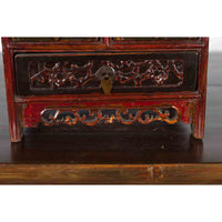 Qing Dynasty 19th Century Red and Brown Lacquer Jewelry Box with Carved Foliage