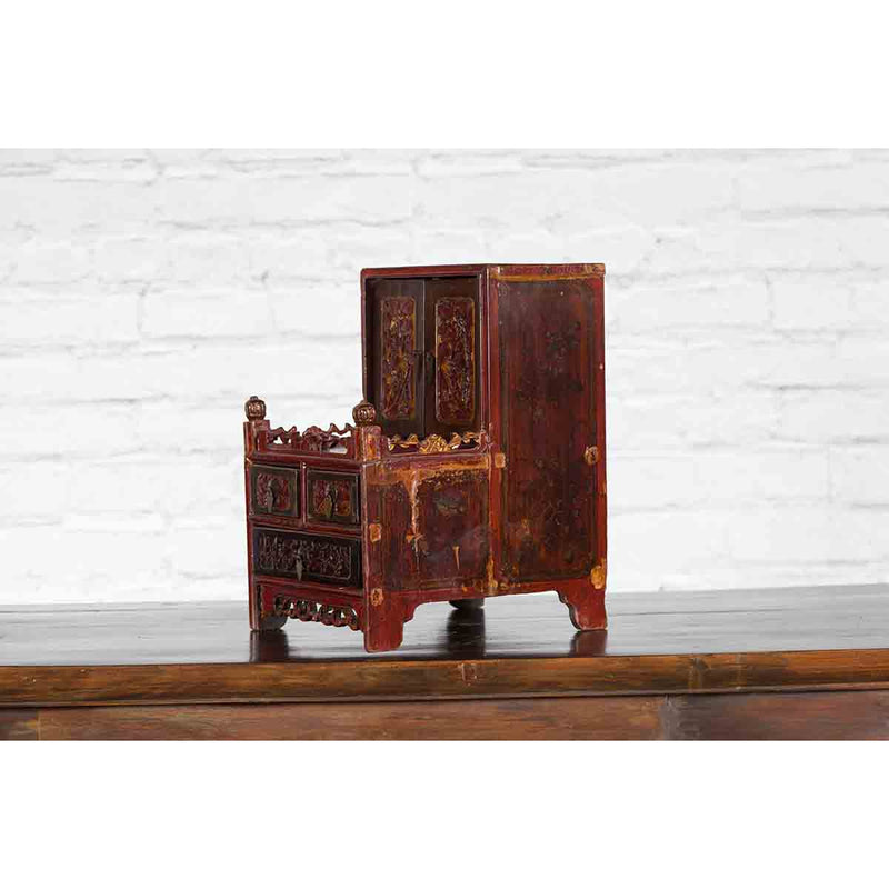 Qing Dynasty 19th Century Red and Brown Lacquer Jewelry Box with Carved Foliage-YN2482-9. Asian & Chinese Furniture, Art, Antiques, Vintage Home Décor for sale at FEA Home