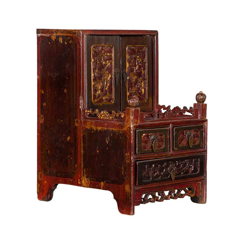 Qing Dynasty 19th Century Red and Brown Lacquer Jewelry Box with Carved Foliage-YN2482-1. Asian & Chinese Furniture, Art, Antiques, Vintage Home Décor for sale at FEA Home