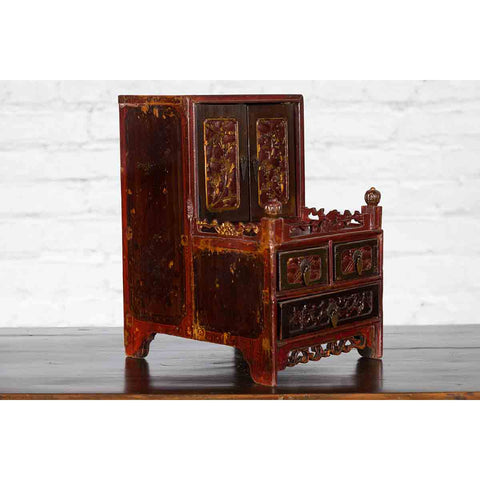 Qing Dynasty 19th Century Red and Brown Lacquer Jewelry Box with Carved Foliage-YN2482-15. Asian & Chinese Furniture, Art, Antiques, Vintage Home Décor for sale at FEA Home