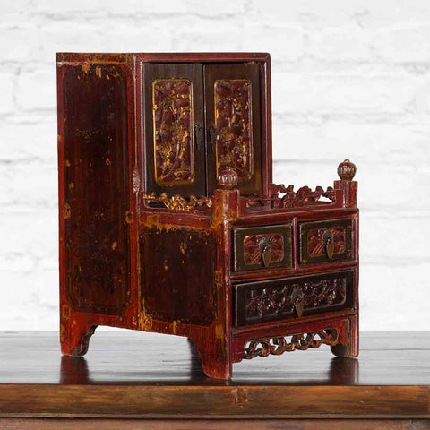 Qing Dynasty 19th Century Red and Brown Lacquer Jewelry Box with Carved Foliage-YN2482-2. Asian & Chinese Furniture, Art, Antiques, Vintage Home Décor for sale at FEA Home