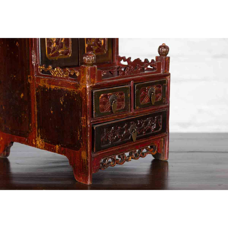 Qing Dynasty 19th Century Red and Brown Lacquer Jewelry Box with Carved Foliage-YN2482-18. Asian & Chinese Furniture, Art, Antiques, Vintage Home Décor for sale at FEA Home