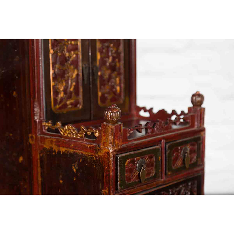 Qing Dynasty 19th Century Red and Brown Lacquer Jewelry Box with Carved Foliage-YN2482-19. Asian & Chinese Furniture, Art, Antiques, Vintage Home Décor for sale at FEA Home