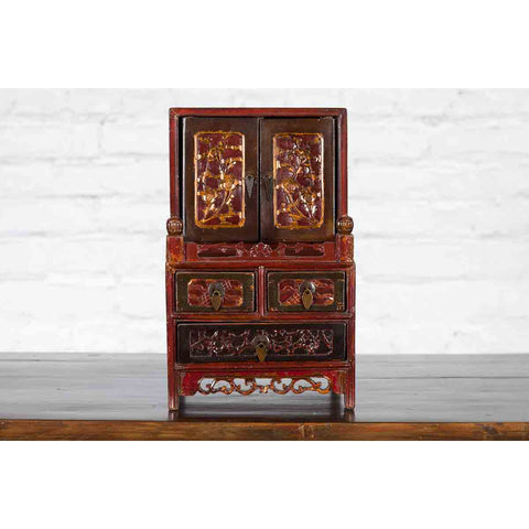 Qing Dynasty 19th Century Red and Brown Lacquer Jewelry Box with Carved Foliage-YN2482-3. Asian & Chinese Furniture, Art, Antiques, Vintage Home Décor for sale at FEA Home