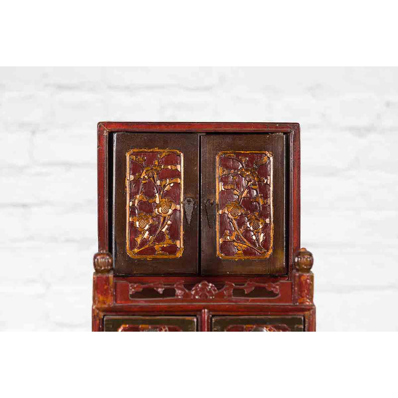 Qing Dynasty 19th Century Red and Brown Lacquer Jewelry Box with Carved Foliage-YN2482-4. Asian & Chinese Furniture, Art, Antiques, Vintage Home Décor for sale at FEA Home