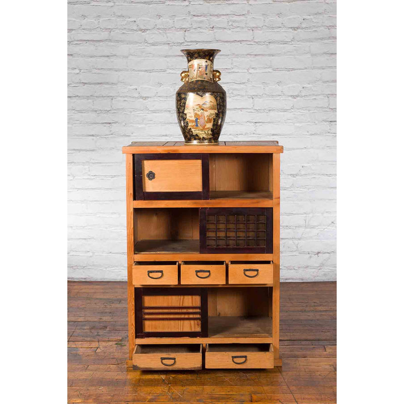 Japanese Early 20th Century Taishō Kiri Wood Kitchen Cabinet with Sliding Doors