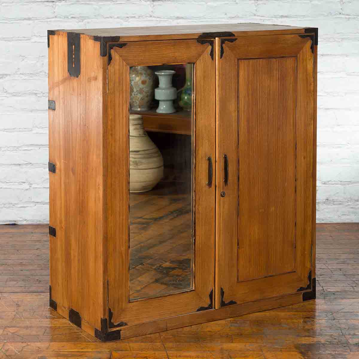 Japanese Early 20th Century Wooden Tansu Clothing Cabinet with Mirrored Door-2. Asian & Chinese Furniture, Art, Antiques, Vintage Home Décor for sale at FEA Home