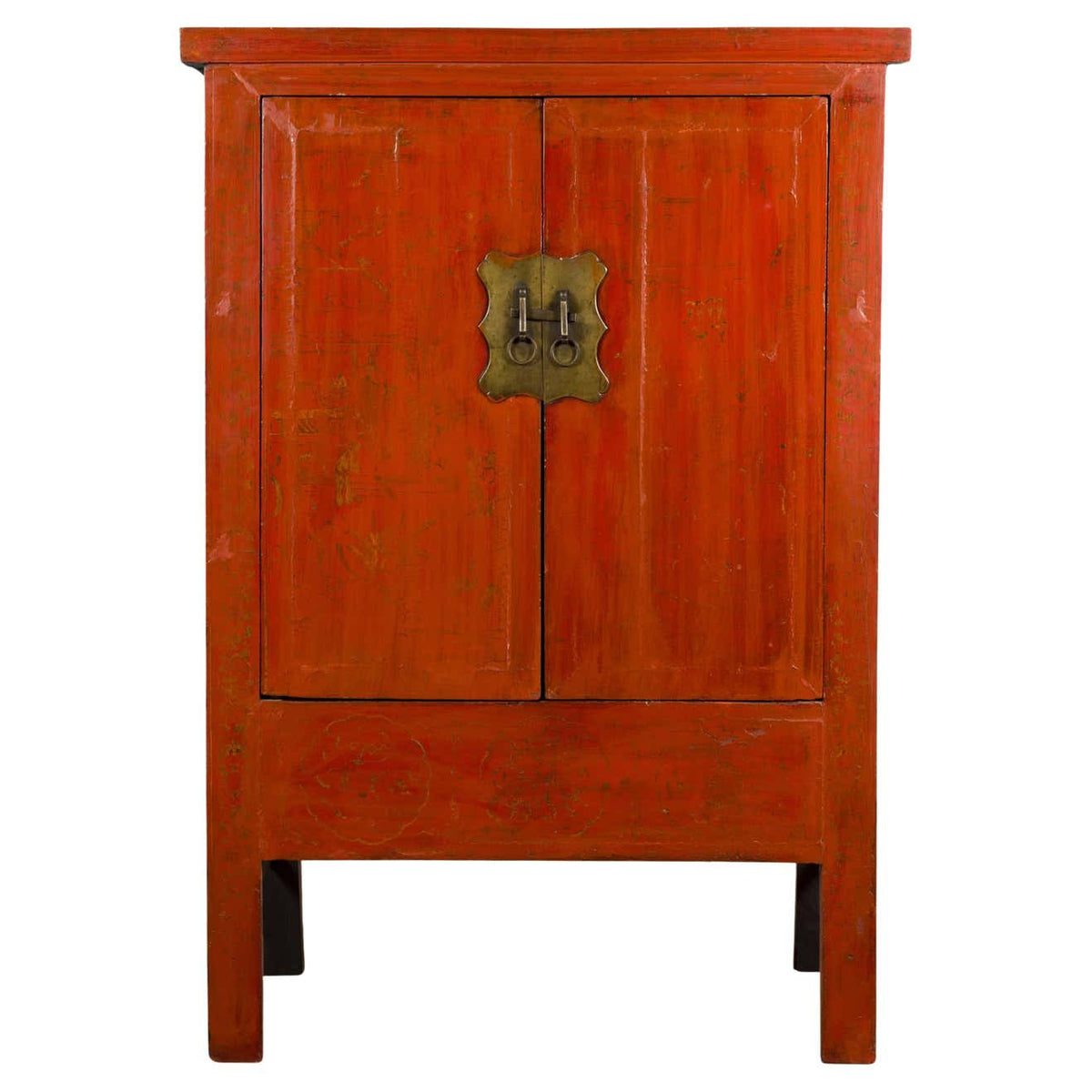 Chinese Red Lacquer Qing Dynasty Cabinet with Faint Hand-Painted Palace Scenes-1. Asian & Chinese Furniture, Art, Antiques, Vintage Home Décor for sale at FEA Home